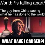 we're still doomed | World: *is falling apart*; The guy from China seeing what he has done to the world:; WHAT HAVE I CAUSED?! | image tagged in anakin what have i done | made w/ Imgflip meme maker