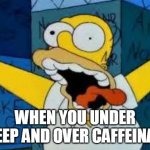 Tired | WHEN YOU UNDER SLEEP AND OVER CAFFEINATE | image tagged in homer going crazy | made w/ Imgflip meme maker