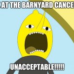 My Reaction That Back at the Barnyard Got Cancelled | BACK AT THE BARNYARD CANCELLED? UNACCEPTABLE!!!!! | image tagged in lemongrab | made w/ Imgflip meme maker