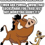 No worries, because an evil lion isn’t trying to kill them. | SIMBA:  “MY UNCLE KILLED MY DAD,
NOW HE’S TRYING TO KILL ME TOO!”; TIMON AND PUMBA:  “WOW, THAT
SUCKS.  HAVE YOU TRIED JUST
NOT WORRYING ABOUT IT?” | image tagged in timon and pumbaa,no worries,lion king,simba,murder,no sympathy | made w/ Imgflip meme maker