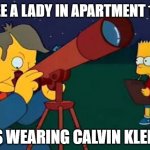 Skinner Bart | I SEE A LADY IN APARTMENT 13B; IS WEARING CALVIN KLEIN | image tagged in skinner bart,funny,joke,peeping tom | made w/ Imgflip meme maker