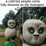 Kung fu OH NO | When you think you have a cold but people come fully dressed as the Avengers: | image tagged in kung fu oh no,avengers,lol,memes,random tag | made w/ Imgflip meme maker