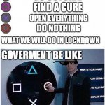 PlayStation button choices | GO OUTSIDE; FIND A CURE; OPEN EVERYTHING; DO NOTHING; WHAT WE WILL DO IN LOCKDOWN; GOVERMENT BE LIKE | image tagged in playstation button choices | made w/ Imgflip meme maker