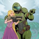 doom guy teaching Rapunzel how to fire the heavy assult rifle