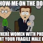 Show Me On The Doll blank | WHERE WOMEN WITH PHDS HURT YOUR FRAGILE MALE EGO | image tagged in show me on the doll blank | made w/ Imgflip meme maker