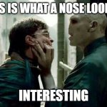 Voldemort and Harry | SO THIS IS WHAT A NOSE LOOKS LIKE; INTERESTING | image tagged in voldemort and harry | made w/ Imgflip meme maker