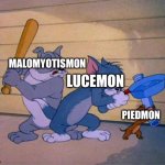 The great Digimon villain melee | MALOMYOTISMON; LUCEMON; PIEDMON | image tagged in tom and jerry 3 way brawl | made w/ Imgflip meme maker