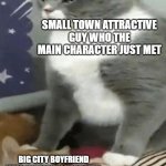 Every Christmas hallmark movie ever | SMALL TOWN ATTRACTIVE GUY WHO THE MAIN CHARACTER JUST MET; BIG CITY BOYFRIEND WHO THE MAIN CHARACTER HAS BEEN WITH FOR 15 YEARS | image tagged in cat crushing cat,memes,funny,christmas,movies | made w/ Imgflip meme maker