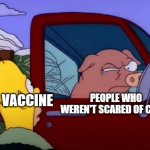 Disapproving Pig | THE VACCINE; PEOPLE WHO WEREN'T SCARED OF COVID | image tagged in disapproving pig | made w/ Imgflip meme maker