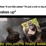 Skyrim you're finally awake | Me:feels *ill and falls asleep* "it's just a cold no big deal"; *wakes up*; "hey you,you're finally awake" | image tagged in skyrim you're finally awake | made w/ Imgflip meme maker