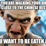 Nebbercracker | WHEN YOU ARE WALKING YOUR DOG AND COME TO CLOSE TO THE CHINESE RESTAURANT; DO YOU WANT TO BE EATEN ALIVE? | image tagged in nebbercracker,chinese food,chinese,dogs | made w/ Imgflip meme maker