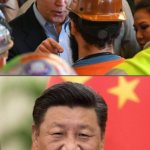 Biden shouting at factory worker while Xi Jinping grins