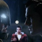 Batman vs. Superman with Shazam in the background meme