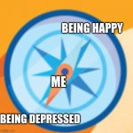 Compass | BEING HAPPY; ME; BEING DEPRESSED | image tagged in compass | made w/ Imgflip meme maker