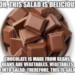 Logic | OOH, THIS SALAD IS DELICIOUS! CHOCOLATE IS MADE FROM BEANS. BEANS ARE VEGETABLES. VEGETABLES GO INTO SALAD. THEREFORE, THIS IS SALAD! | image tagged in chocolate bits | made w/ Imgflip meme maker