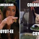 Coloradans be like | MOST AMERICANS; COLORADANS; COYOTE; IT'S COYOT-EE | image tagged in woman argues with cat,colorado | made w/ Imgflip meme maker