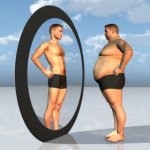 fat man looking into mirror