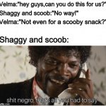 shit n**** | Velma:"hey guys,can you do this for us?" Shaggy and scoob:"No way!" Velma:"Not even for a scooby snack?" Shaggy and scoob: | image tagged in scooby doo,memes | made w/ Imgflip meme maker