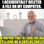 NSA | I ACCIDENTALLY DELETED A FILE ON MY COMPUTER. I'M HOPING THAT IF I ASK THE NSA, THEY'LL GIVE ME A COPY OF THAT FILE. | image tagged in harold | made w/ Imgflip meme maker