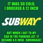 Shrinkage | IT WAS SO COLD, I ORDERED A 12 INCH; BUT WHEN I GOT TO MY CAR IN THE PARKING LOT, IT BECAME A 6 INCH.  SHRINKAGE! | image tagged in subway logo | made w/ Imgflip meme maker
