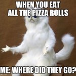 Pizza rolls | WHEN YOU EAT ALL THE PIZZA ROLLS; ME: WHERE DID THEY GO? | image tagged in persian white monkey | made w/ Imgflip meme maker