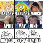 2020 be like | JANUARY  FEBRUARY  MARCH; APRIL       MAY     JUNE; JULY AUGUST SEPTEMBER | image tagged in 3x3 grid alignment meme,anime,2020,spongebob,carson,star trek | made w/ Imgflip meme maker