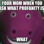 disturbed barney | YOUR MOM WHEN YOU ASK WHAT PROFANITY IS:; WHAT | image tagged in disturbed barney | made w/ Imgflip meme maker