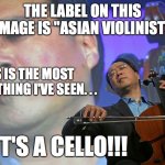 Fight for viola rights | THE LABEL ON THIS IMAGE IS "ASIAN VIOLINIST"; THIS IS THE MOST RACIST THING I'VE SEEN. . . IT'S A CELLO!!! | image tagged in asian violinist | made w/ Imgflip meme maker