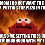 Fire Elmo | ME: MOM I DO NOT WANT TO BURN MYSELF  PUTTING THE PIZZA IN THE OVEN; ALSO ME SETTING FIRES IN THE NEIGHBORHOOD WITH MY FREIND | image tagged in fire elmo | made w/ Imgflip meme maker