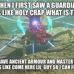 Guardian | WHEN I FIRST SAW A GUARDIAN I WAS LIKE HOLY CRAP WHAT IS THAT?! NOW I HAVE ANCIENT ARMOUR AND MASTER SWORD AND IS LIKE COME HERE LIL’ GUY SO I CAN FARM U | image tagged in guardian,botw | made w/ Imgflip meme maker