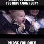 Hockey baby | WHEN YOU REALIZE 
YOU HAVE A QUIZ TODAY; CURSE YOU QUIZ! | image tagged in hockey baby | made w/ Imgflip meme maker