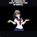 yandere computer | ME : DOWNLOAD A FILE
ALSO ME : WHERE DID IT GOES
MY COMPUTER : | image tagged in yandere-chan i dunno | made w/ Imgflip meme maker
