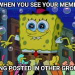 SpongeBob being carried | WHEN YOU SEE YOUR MEME; BEING POSTED IN OTHER GROUPS | image tagged in spongebob being carried | made w/ Imgflip meme maker