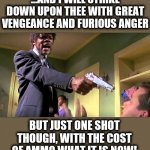Times are tough... | ...AND I WILL STRIKE DOWN UPON THEE WITH GREAT VENGEANCE AND FURIOUS ANGER BUT JUST ONE SHOT THOUGH, WITH THE COST OF AMMO WHAT IT IS NOW! | image tagged in pulp fiction say what one more time,memes,ammunition,expensive,one shot,furious anger | made w/ Imgflip meme maker