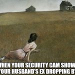 Longing | WHEN YOUR SECURITY CAM SHOWS YOUR HUSBAND'S EX DROPPING BY | image tagged in longing | made w/ Imgflip meme maker