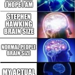 Umm.... This is the title | THE BRAIN SIZE I HOPE I AM; STEPHEN HAWKING BRAIN SIZE; NORMAL PEOPLE BRAIN SIZE; MY ACTUAL BRAIN SIZE | image tagged in imploding brain,rip | made w/ Imgflip meme maker