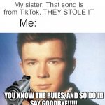 You know the rules and so do I, GOODBYE TIKTOK | Literally any song: plays on the radio; My sister: That song is from TikTok, THEY STOLE IT; Me:; YOU KNOW THE RULES, AND SO DO I!!
SAY GOODBYE!!!!! | image tagged in you know the rules and so do i say goodbye,rick astley,rick astley meme,memes,tiktok is garbage,rick astley you know the rules | made w/ Imgflip meme maker