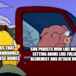 Disapproving Pig | DUBS THAT MISPRONOUNCE JAPANESE NAMES; SUB PURISTS WHO LIKE WESTERN SETTING ANIME LIKE FULLMETAL ALCHEMIST AND ATTACK ON TITAN | image tagged in disapproving pig | made w/ Imgflip meme maker