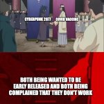 Naruto shaking hands | CYBERPUNK 2077; COVID VACCINE; BOTH BEING WANTED TO BE EARLY RELEASED AND BOTH BEING COMPLAINED THAT THEY DON'T WORK | image tagged in naruto shaking hands,covid-19,cyberpunk,fun | made w/ Imgflip meme maker