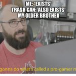My brother | ME: *EXISTS*
TRASH CAN:*ALSO EXISTS*
MY OLDER BROTHER | image tagged in i'm gonna do what's called a pro-gamer move | made w/ Imgflip meme maker
