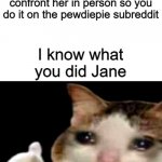 I KnOw WhAt YoU dId | When your gf is cheating on you and you don't want to confront her in person so you do it on the pewdiepie subreddit; I know what you did Jane | image tagged in sad cat thumbs up white spacing | made w/ Imgflip meme maker