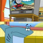 Kenny hates the Thomas reboot! | image tagged in kenny the shark watches tv | made w/ Imgflip meme maker