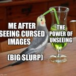 Bird drinking green juice | THE POWER OF UNSEEING; ME AFTER SEEING CURSED IMAGES                      (BIG SLURP) | image tagged in bird drinking green juice | made w/ Imgflip meme maker