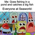 Goin fishing | Me: Goes fishing in a pond and catches a big fish; Everyone at Seaworld: | image tagged in mr krabs squidward patrick and spongebob | made w/ Imgflip meme maker