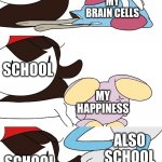Jaiden Animations pokemon swap | SCHOOL; MY BRAIN CELLS; SCHOOL; MY HAPPINESS; ALSO SCHOOL; SCHOOL; MY HAPPINESS | image tagged in jaiden animations pokemon swap | made w/ Imgflip meme maker