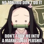 nezuko about to be a plushie | NO TANJIRO DON'T DO IT; DON'T TURN ME INTO A MARKETABLE PLUSHIE | image tagged in use this as a nezuko meme | made w/ Imgflip meme maker