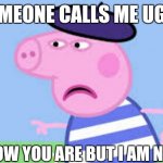Is I ugly | SOMEONE CALLS ME UGLY:; ME:I KNOW YOU ARE BUT I AM NOT AM I | image tagged in angry french peppa | made w/ Imgflip meme maker