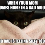 cautious cat | WHEN YOUR MOM COMES HOME IN A BAD MOOD; AND DAD IS FEELING SILLY TODAY | image tagged in cautious cat,weird,funny,fun,funny memes | made w/ Imgflip meme maker