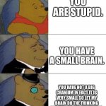 pooh tuxedo 3 panel | YOU ARE STUPID. YOU HAVE A SMALL BRAIN. YOU HAVE NOT A BIG CRANIUM IN FACT IT IS VERY SMALL SO LET MY BRAIN DO THE THINKING AND THE MOUTH THE TALKING. | image tagged in pooh tuxedo 3 panel | made w/ Imgflip meme maker