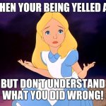 Alice in Wonderland | WHEN YOUR BEING YELLED AT, BUT DON'T UNDERSTAND WHAT YOU DID WRONG! | image tagged in alice in wonderland | made w/ Imgflip meme maker